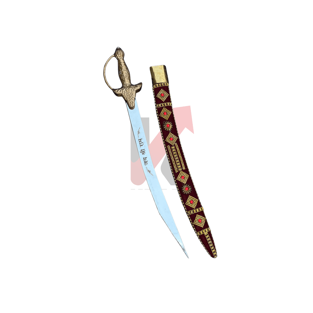 Handcrafted Indian sword with brass hilt and embroidered maroon sheath, representing cultural heritage and luxury decor piece.