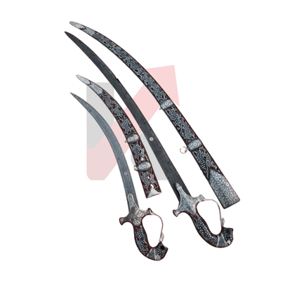 Damascus sword with pure silver work and floral engraved scabbard