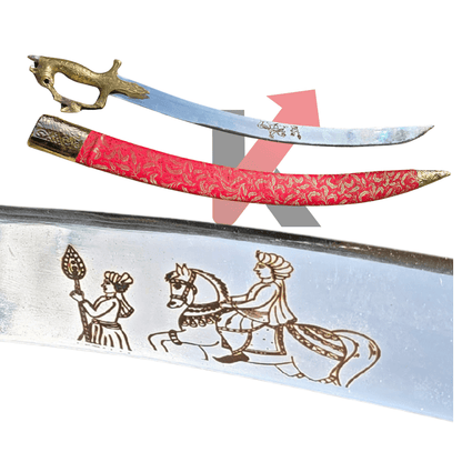 Dulha Talwar with brass lion hilt and red embroidered sheath