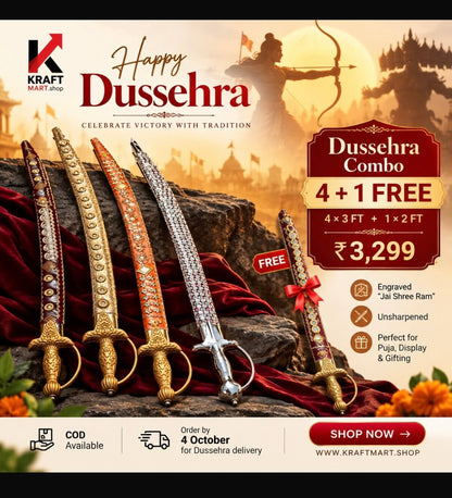 Dussehra Combo by KraftMart with five handicraft swords in colourful sheaths laid side by side