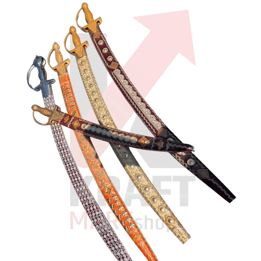 Four 3 ft handicraft swords from the KraftMart Dussehra Combo in silver, orange, gold and maroon sheaths