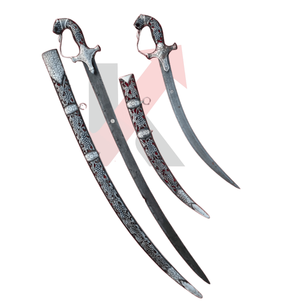 Close-up of Damascus steel blade and engraved silver hilt craftsmanship