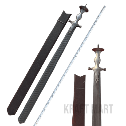 A vintage Punjabi traditional khanda with a wootz steel blade, accompanied by a sheath wrapped in Rexine leather. The khanda has a distinctive pattern on the surface with special grooves.