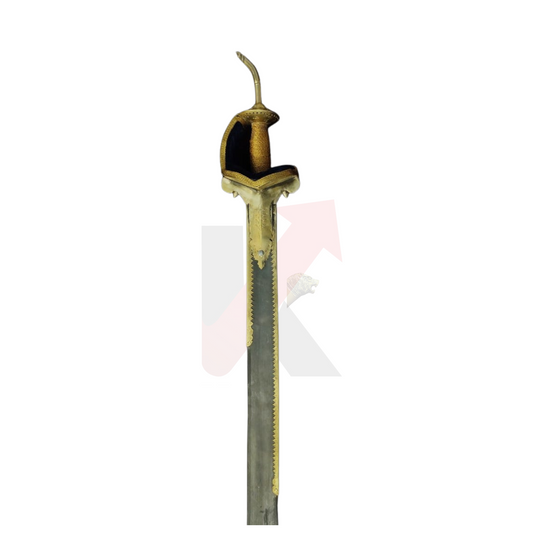 Close-up view of the brass-finished Khanda sword handle with detailed carvings
