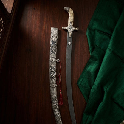 Kilij Sword | Damascus Steel Scimitar | Bone Handle with Silver Koftgiri | 39 Inch - KraftMart
