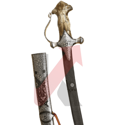 Kilij Sword | Damascus Steel Blade | Camel Bone Handle | Silver Calligraphy Sheath - KraftMart