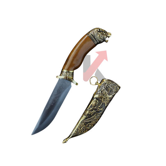 Handcrafted Indian brass dagger with lion handle and wire work