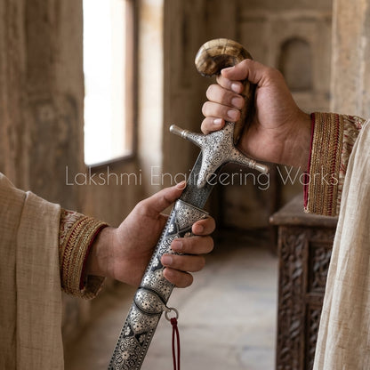 Hands holding an ornate Arabian sword with decorative scabbard, highlighting traditional design, fine metalwork, and cultural heritage.