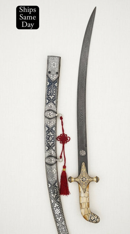 Kilij Sword | Damascus Steel Scimitar | Bone Handle with Silver Koftgiri | 39 Inch - KraftMart