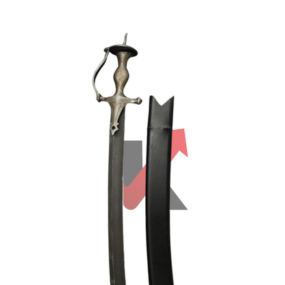  Full-length image of the Punjabi wedding sword in Sirohi style with sheath on display