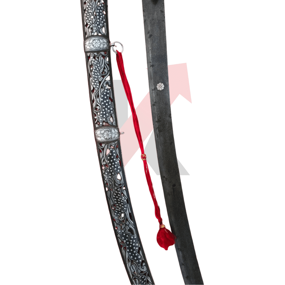 Silver Inlay Damascus Sword showing lion motifs and hand-cut patterns