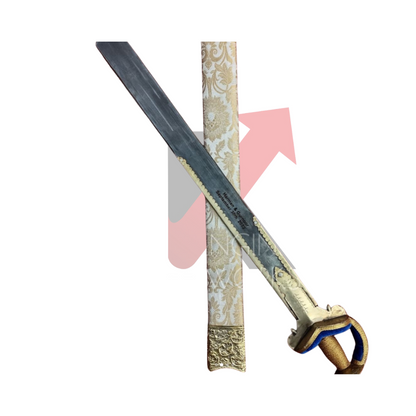 Close-up of the handcrafted brass handle on an Indian Khanda sword