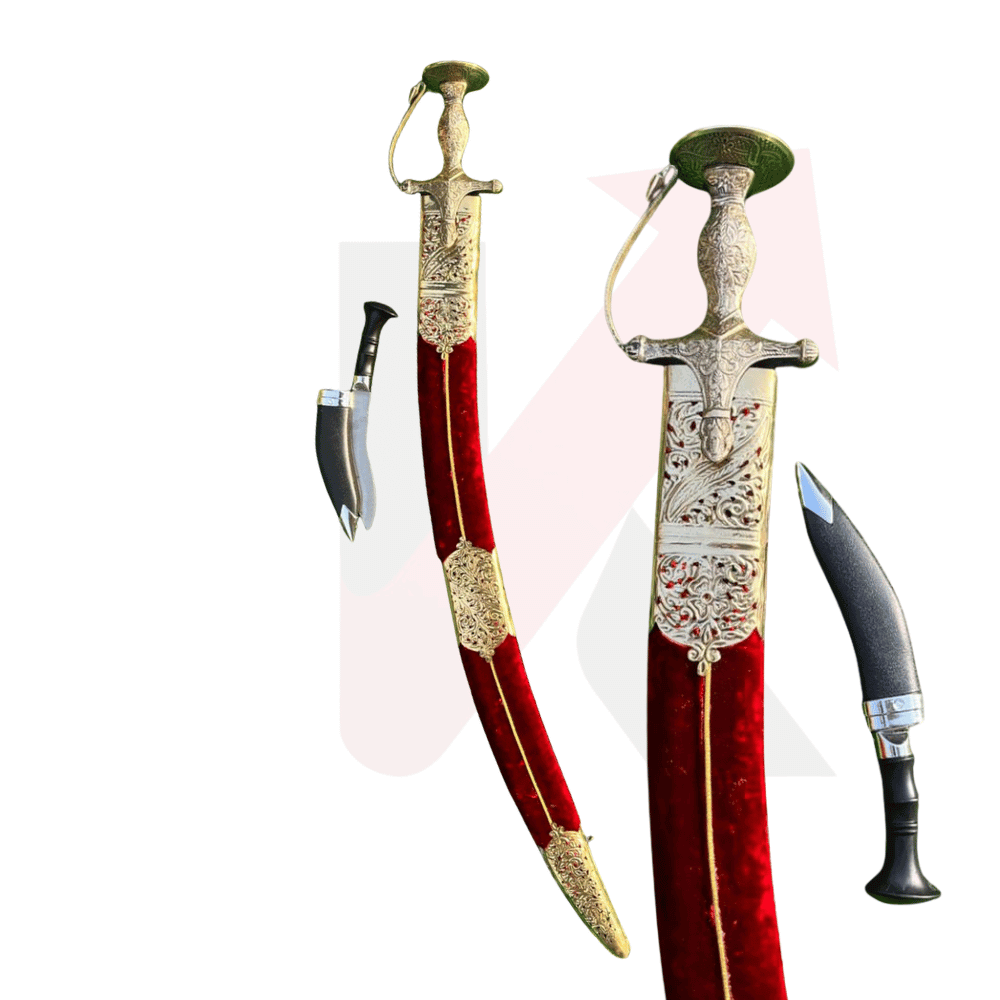 Ornate ceremonial wedding sword with red velvet scabbard and decorative metal detailing