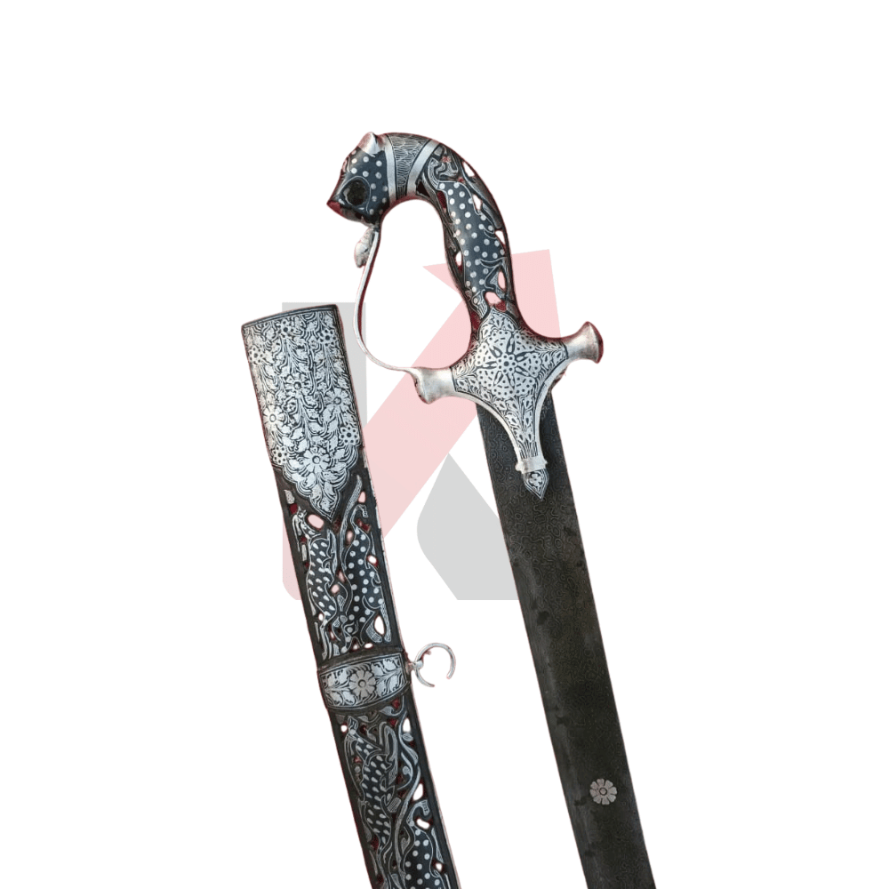 Silver Inlay Damascus Sword displayed with handcrafted silver scabbard