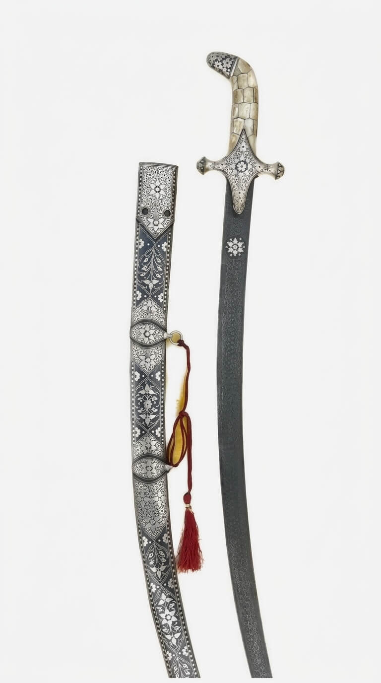 Kilij Sword | Damascus Steel Scimitar | Bone Handle with Silver Koftgiri | 39 Inch - KraftMart