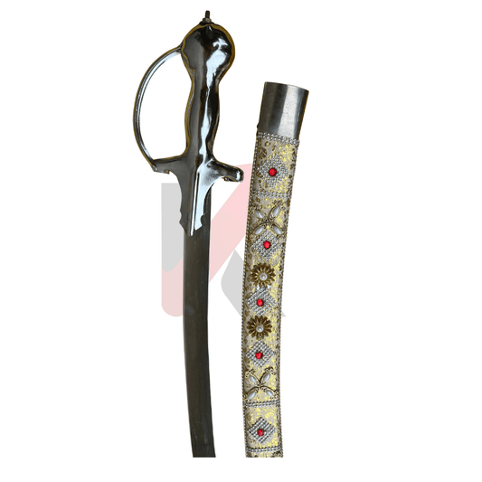 Traditional Indian wedding sword with steel hilt and golden scabbard
