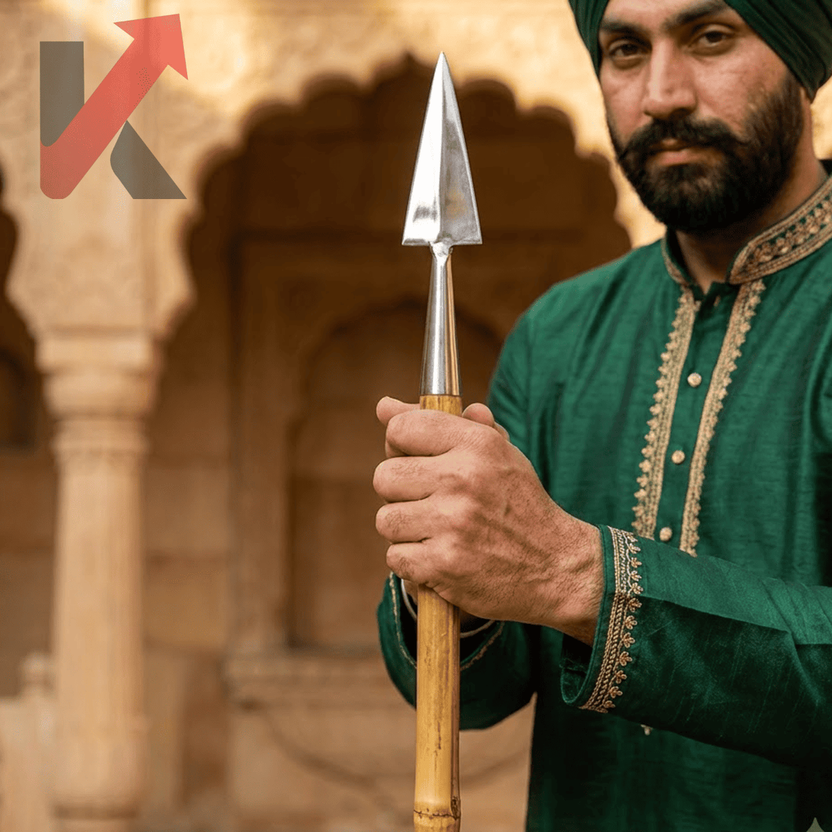 Steel spearhead with wooden shaft for Indian heritage decor