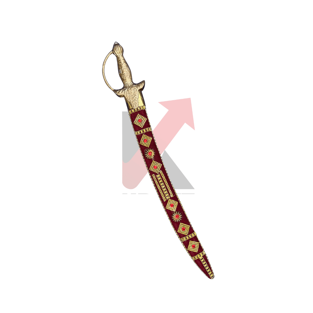 Traditional ceremonial brass hilt sword with maroon sheath, ideal for wedding use, heritage display, and premium collectible.