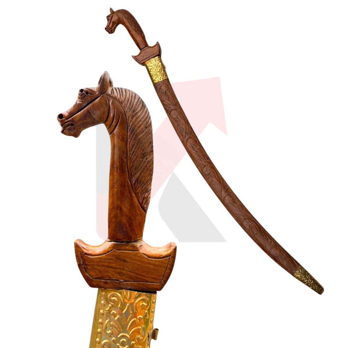 Wooden decorative sword hilt and sheath close-up showing floral hand-carved detailing