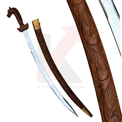 Wooden decorative sword horse head handle carving with brass floral collar by kraftmart.shop 