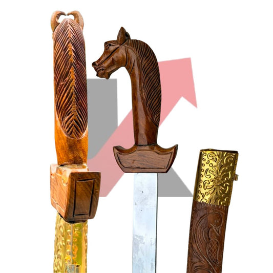 Wooden decorative sword with hand-carved horse head hilt and mild steel curved blade by kraftmart 